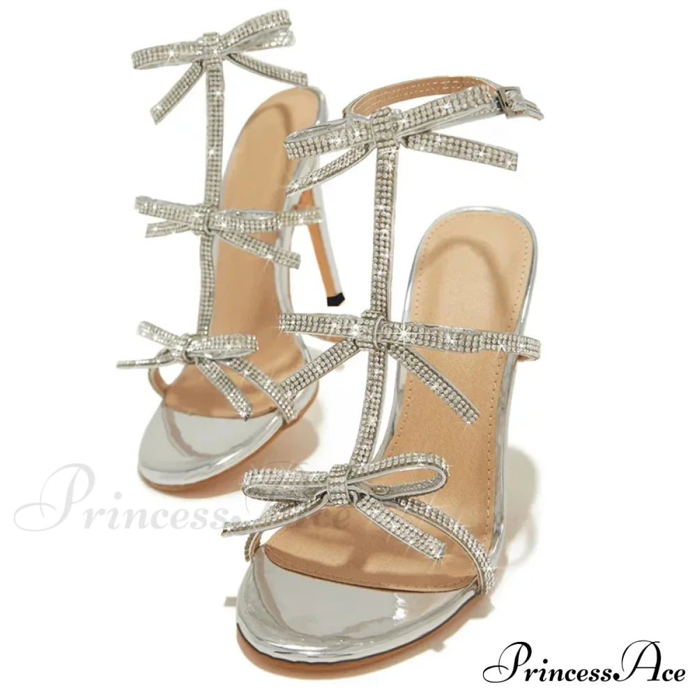 2024 Summer Fashion Glitter Rhinestone Bowknot Women’s Gladiator High Heels Sandals Open Toe