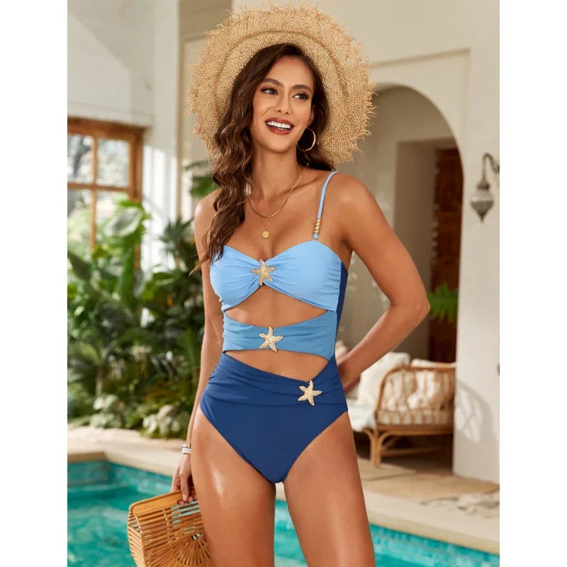 Starfish Hollow Pleate One Piece Swimsuit Rose red / S onepiece-250223