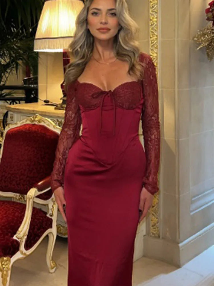 Red Lace Patchwork Split Party Dress Partydress-241208