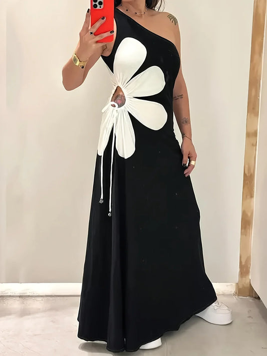 Printed Flower Sleeveless Back Zipper Long Floral Dress Black / S floraldress-250126