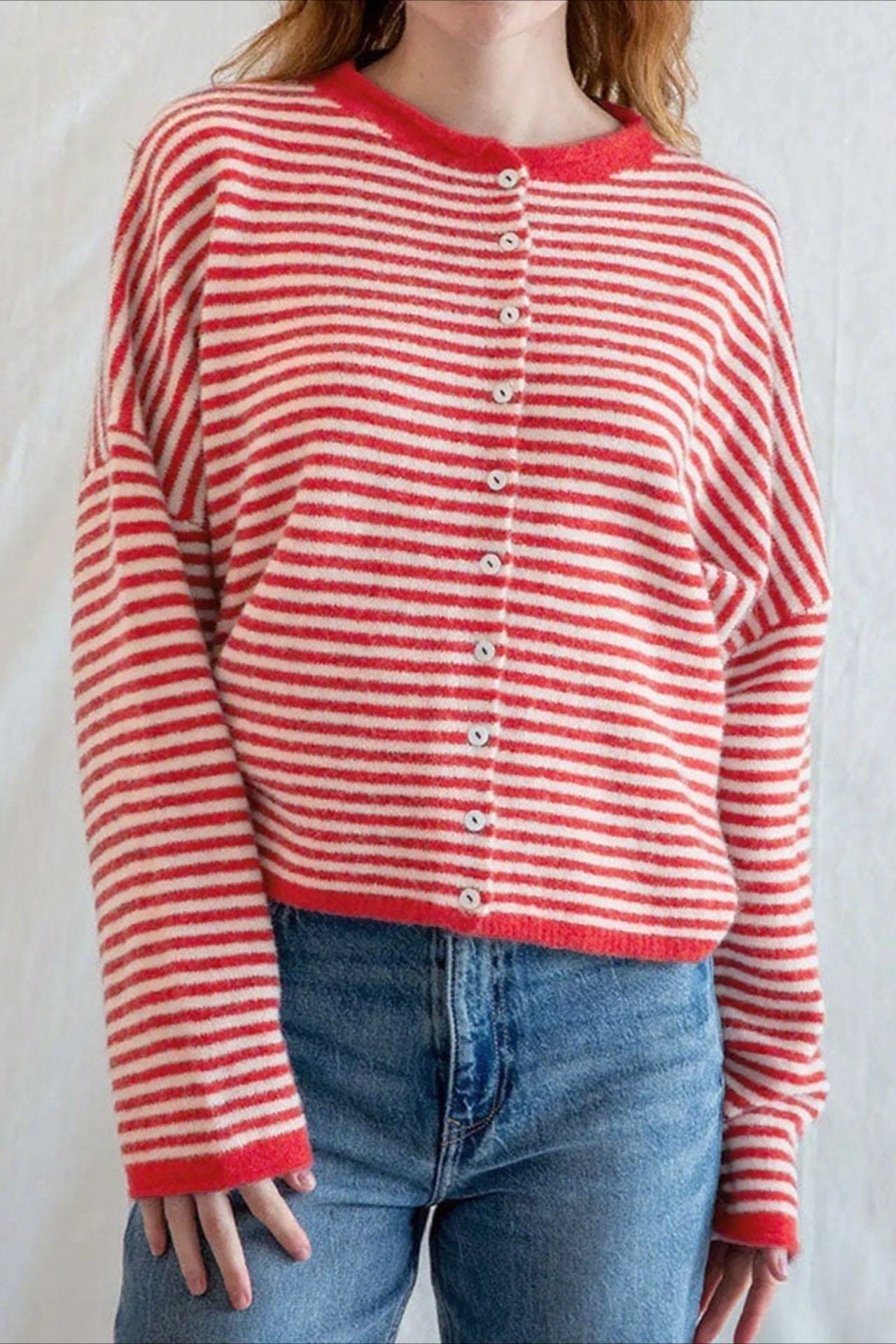 Striped Knit Round Neck Cardigan
