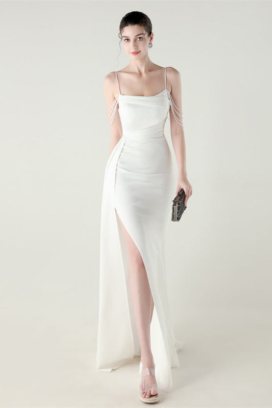 Satin Spaghetti Strap Mermaid Party Dress White / S