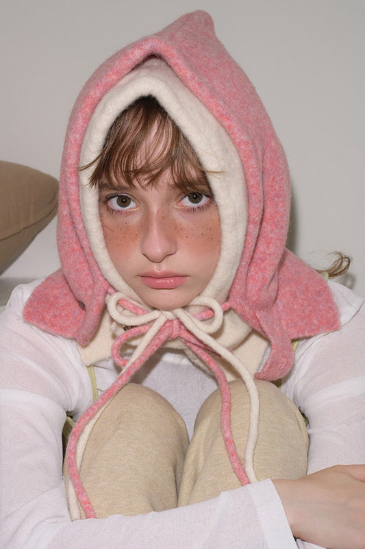 Übergroße, gestrickte Balaclava-Mütze aus fester Wolle mit Kordelzug