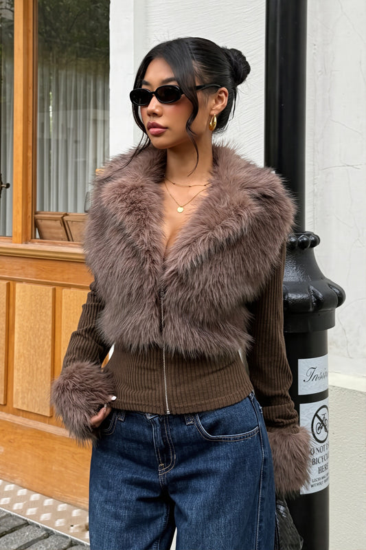 Faux Fur Trim Ribbed Zip Jacket