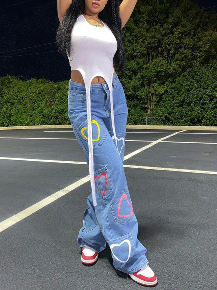 Heart Pattern Graceful Zipper Hoodie Pants