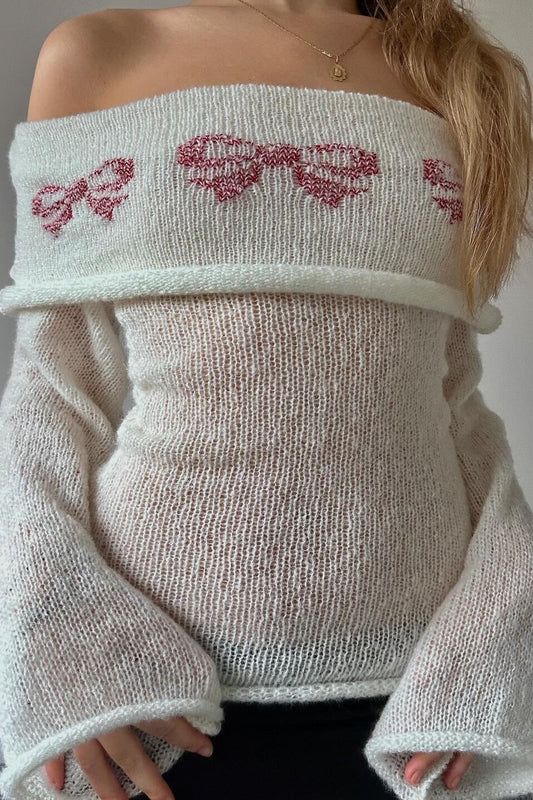 Bow Motif Foldover Off Shoulder Sweater