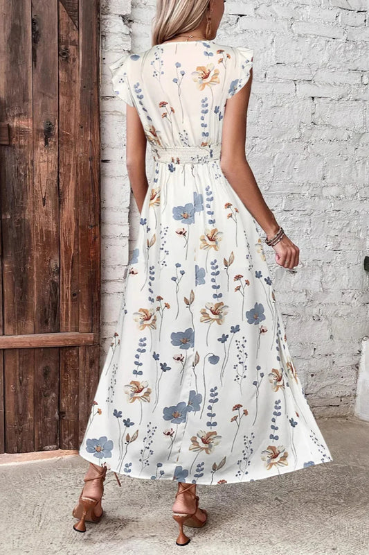 Maxikleid mit Spitzenbesatz, V-Ausschnitt, hoher Taille, Schlitz und Blumenmuster
