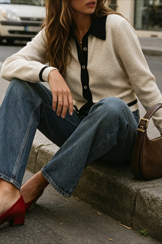 Cream Contrast Collar Button Cardigans