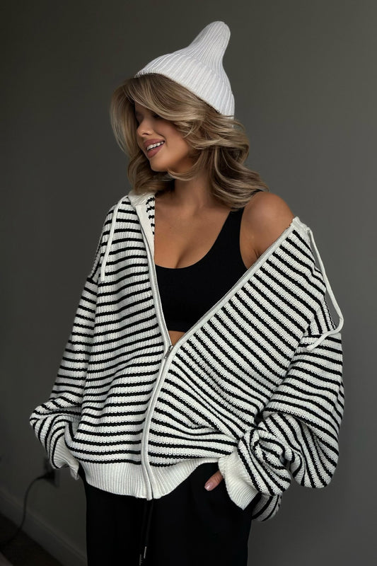 Retro-Strickjacke mit Farbblock-Design und lockerem Reißverschluss