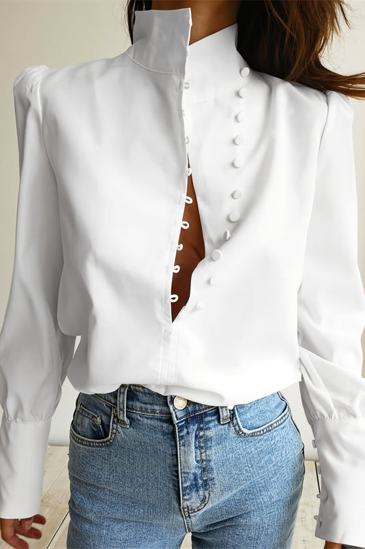 Stand Collar Asymmetric Button Blouse