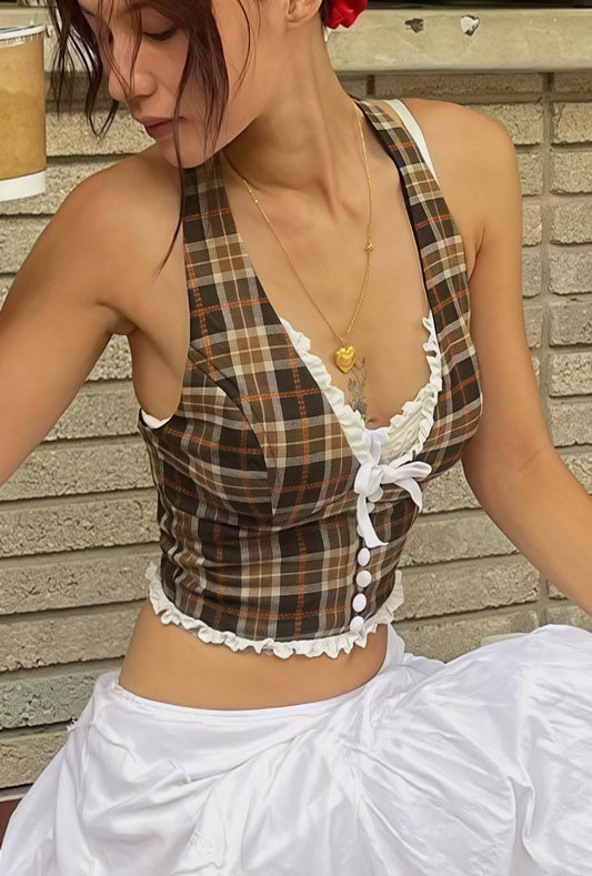 Vintage Grid Sweet Halter Top