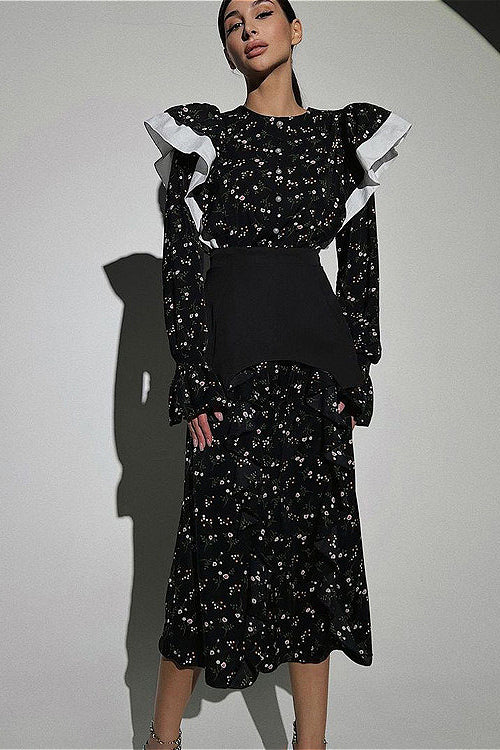 Abnehmbarer Gürtel, langärmeliges, lässiges Blumenkleid