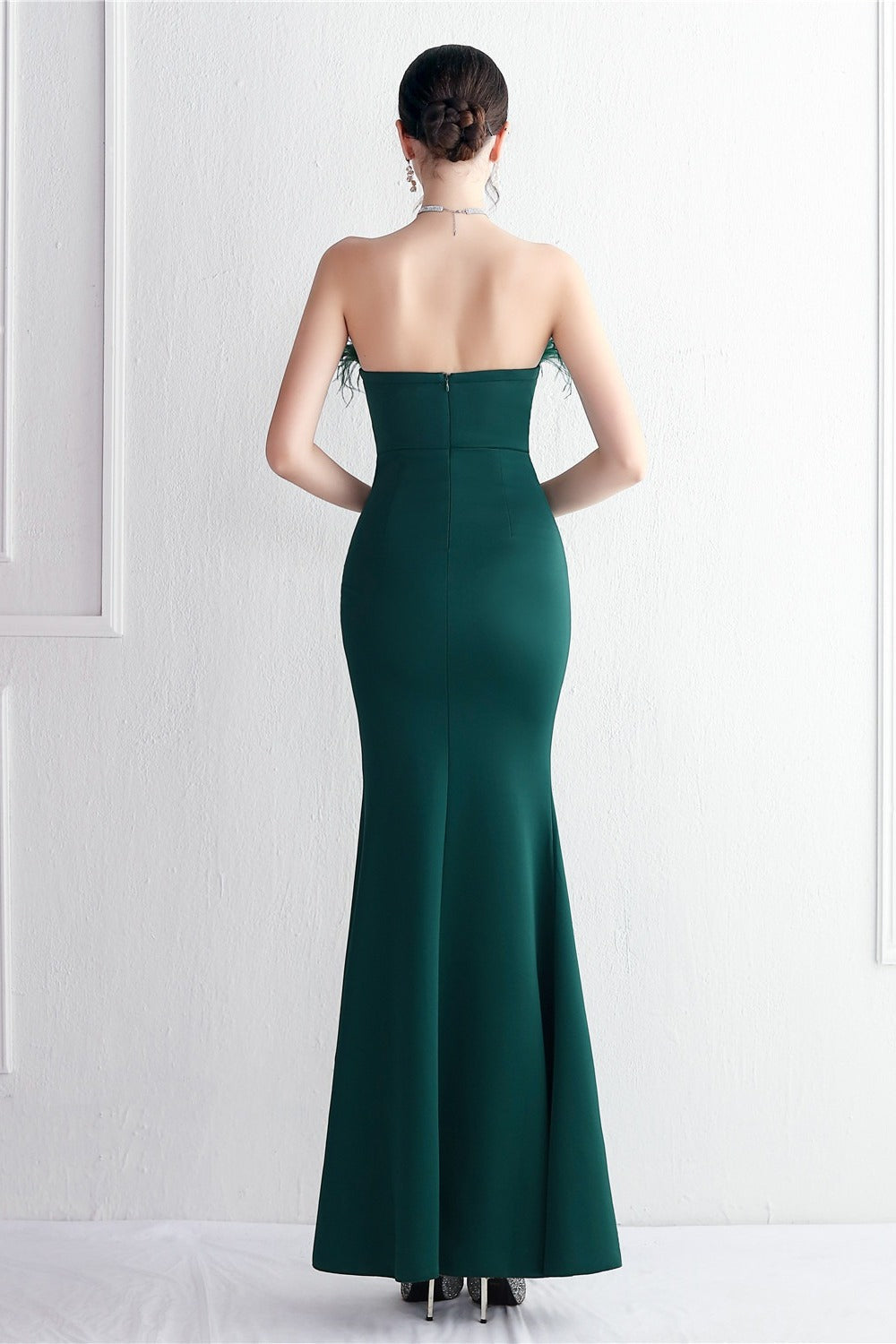 Elegant Feather Trim Strapless Formal Dress