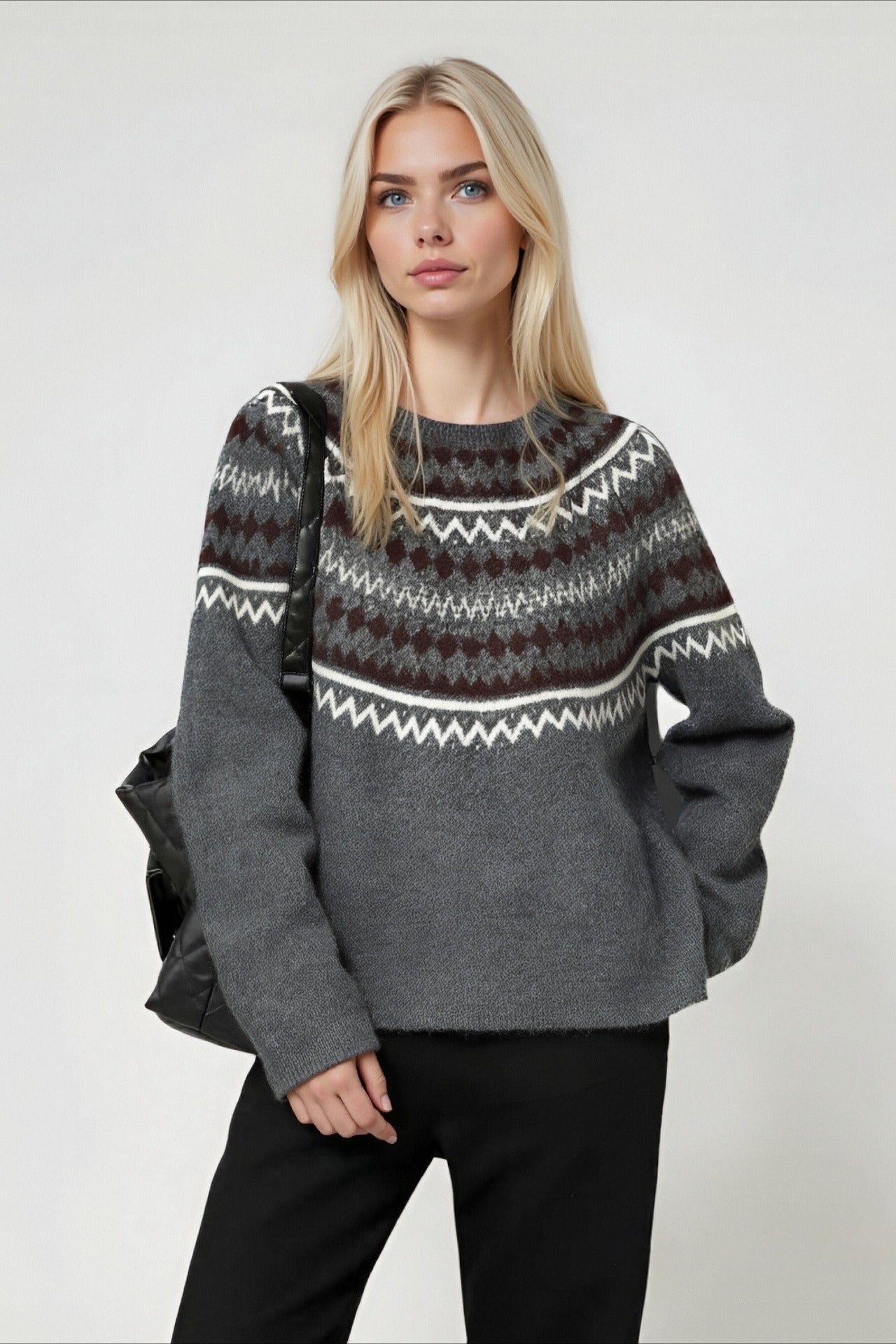 Fair Isle Loose Crewneck Plus Size Knit Sweater Grey / One Size