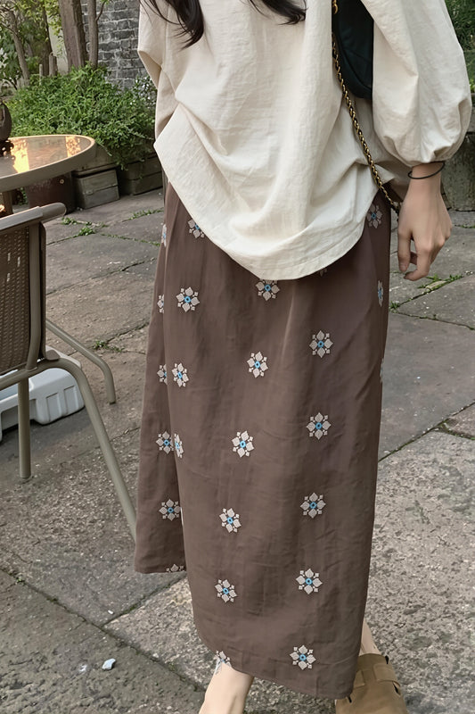 Embroidered Linen Blend Midi Skirt