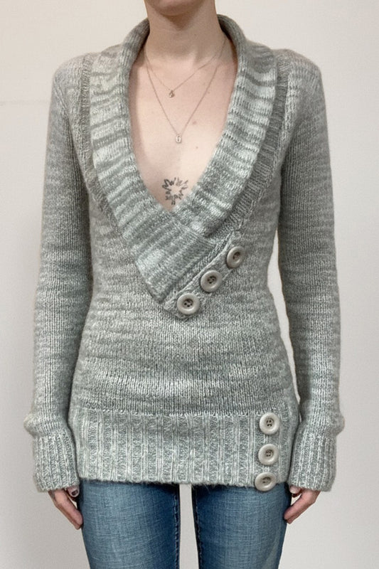 Vintage-Pullover mit asymmetrischem V-Ausschnitt und Knöpfen