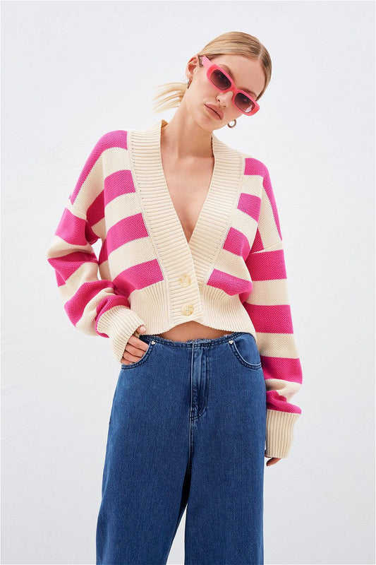 Lockerer russischer Color-Block-Strickcardigan
