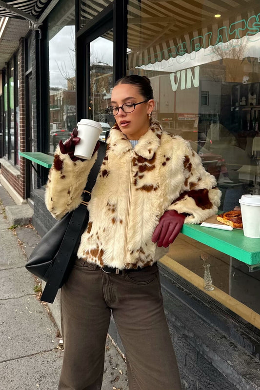 Cow Print Faux Fur Zip Jacket