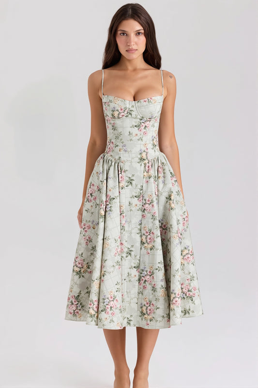 Floral Corset Fit And Flare Maxi Dress