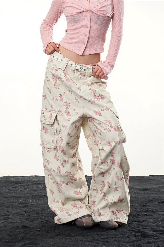 Floral Multi Pocket Wide Leg Cargo Pants