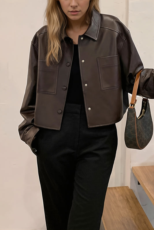 Cropped Faux Leather Shirt Jacket