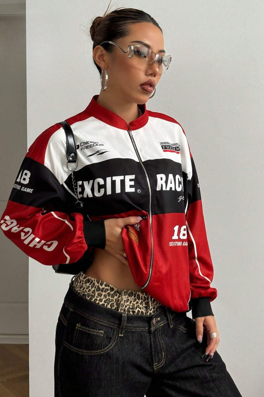 Langarmjacke im Biker-Chic-Stil mit Buchstabenmuster, Reißverschluss und Farbblock-Design