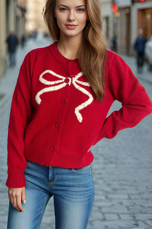 Rundhals-Strickjacke mit Schleifenmuster und Jacquard-Einfassung