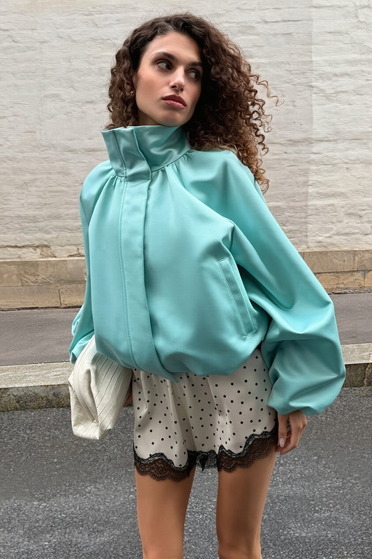 Satin Funnel Neck Balloon Sleeve Jacket