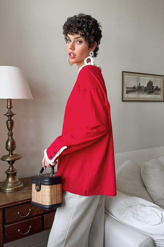 Langarmshirt mit Rüschenbesatz, lockerem Rundhalsausschnitt und langen Ärmeln