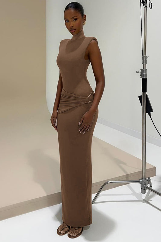 Metal Accent Waist Cutout Sleeveless Maxi Dress