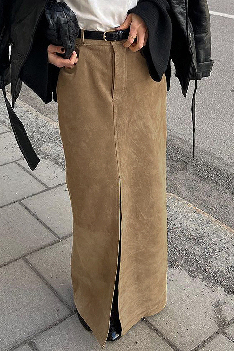 French Retro Suede High Waist Split Maxi Skirt
