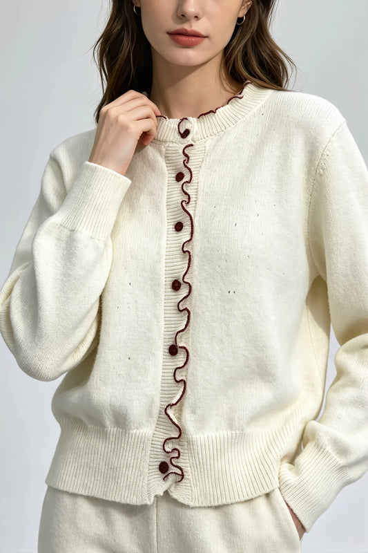 Wavy Trim Ruffle Button Cardigan