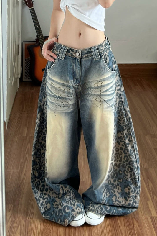 Leopard Panel Wide Leg Jeans