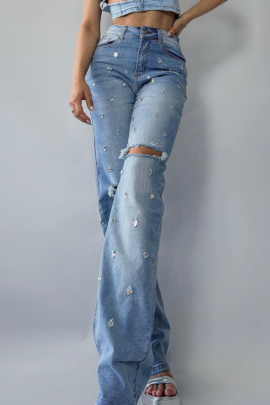 Zerrissene Jeans mit hoher Taille und Strass