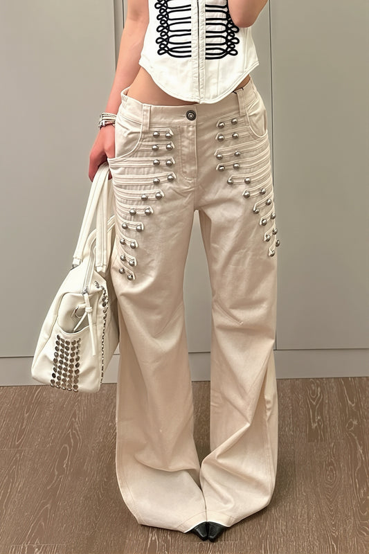 Studded Button Front Wide Leg Denim Pants