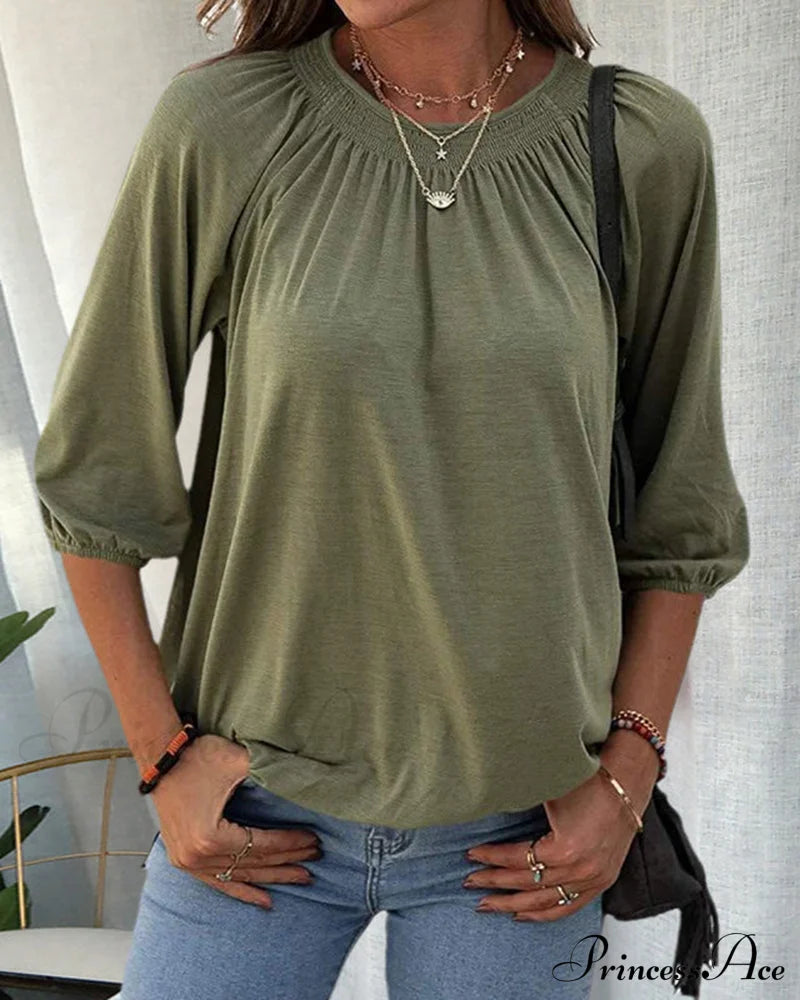 Crew Neck 3/4 Sleeve T-Shirt Army Green 2022 f/w 23BF blouses & shirts clothes Short Sleeve Tops Spring summer t-shirts Tops/Blouses