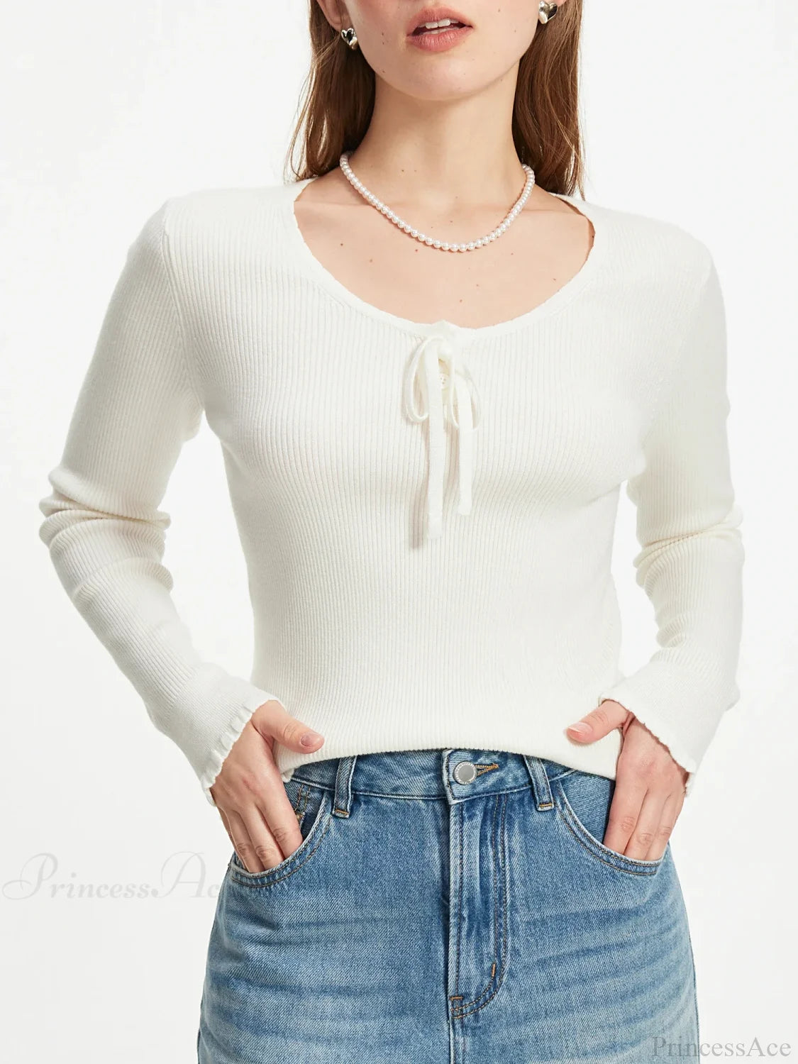 3.9% Wool U - Neck Lace - Up Slim Sweater Ivory / XS
