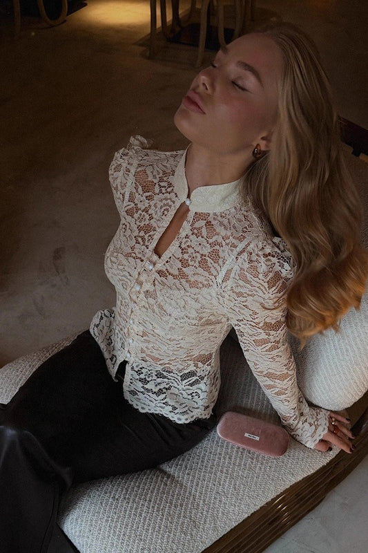 Lace Long-Sleeve Fitted Frog Button Top