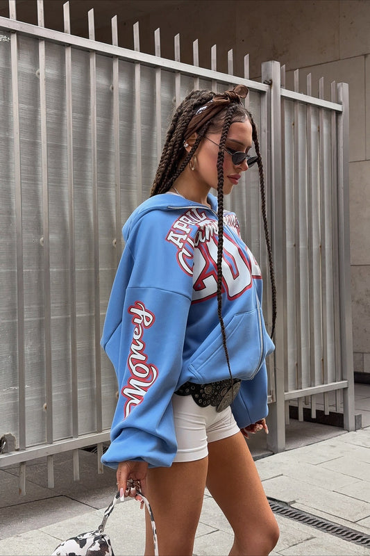 Schwerer bedruckter Kapuzenpullover mit Reißverschluss