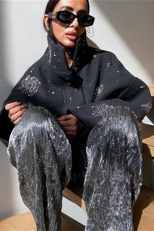 Vintage Strass-Rollkragenmantel, locker geschnitten