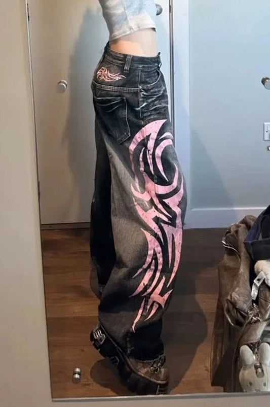 Gothic Print Wide Leg Jeans Pink / M