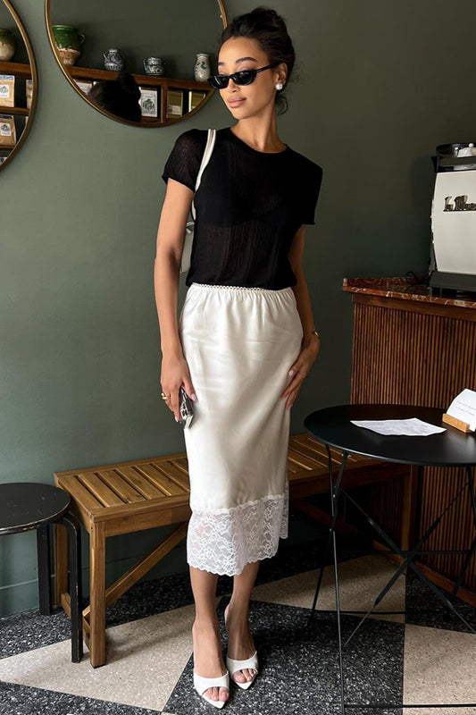 Lace-Hem Satin Midi Skirt