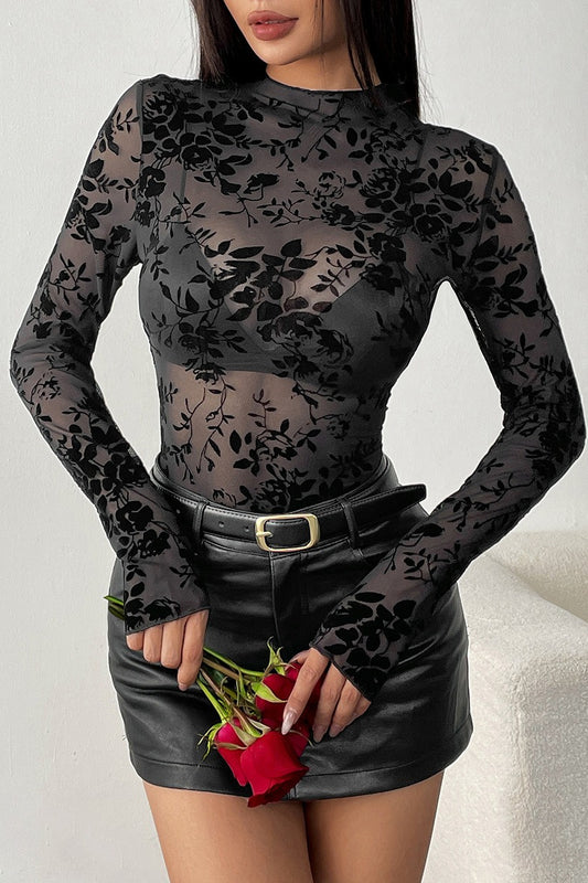 Floral Flocked Mesh Long Sleeve Blouse