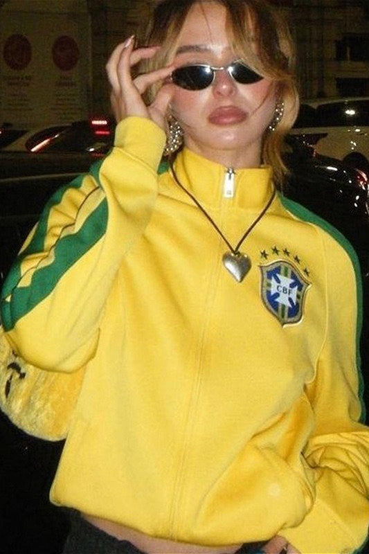 Farbblock-Sweatshirt mit Stickerei und lockerem Reißverschluss