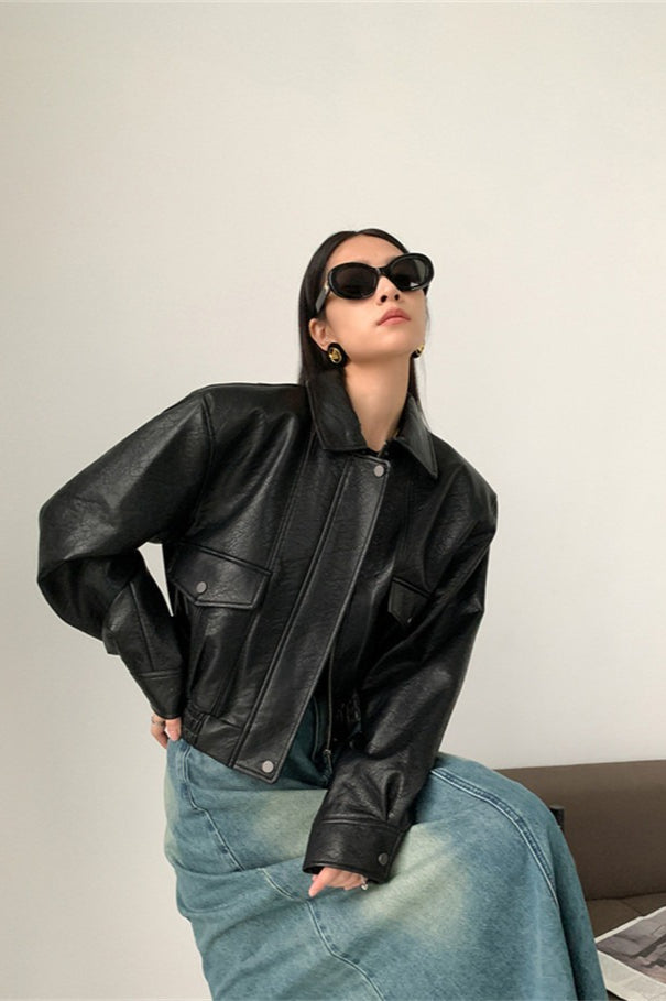 Short PU Leather Notch Lapel Jacket