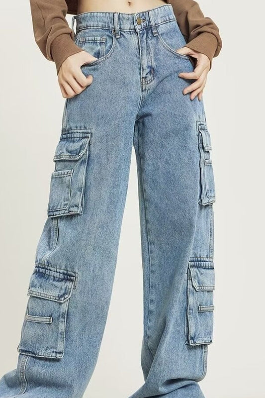 Vintage Washed Wide Leg Cargo Jeans Blue / S