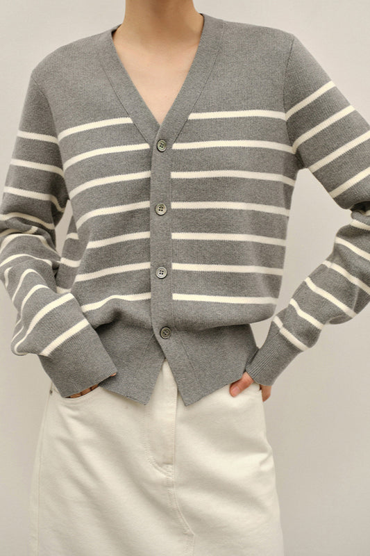 Gestreifter Strickcardigan mit V-Ausschnitt und Farbblock-Design