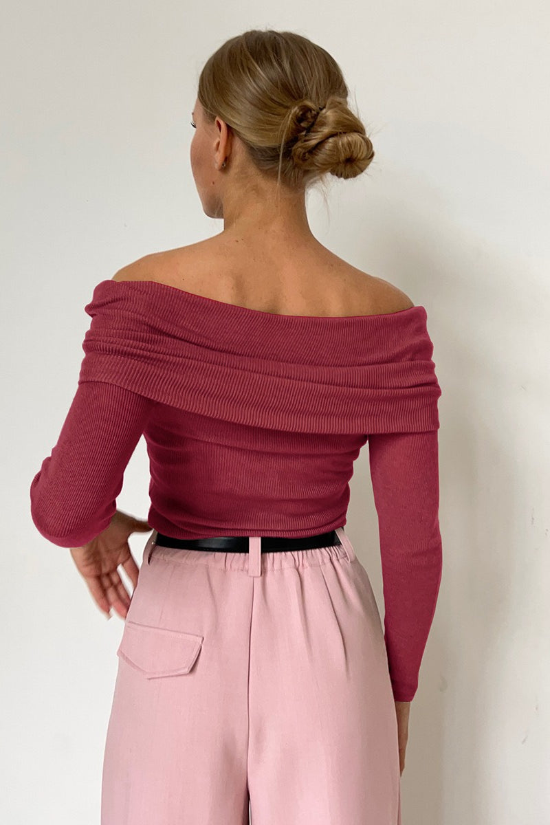 Sheer Off-Shoulder Fitted Solid Pullover Knit Top