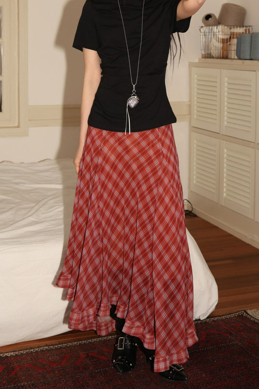 Plaid Asymmetric Ruffle Midi Skirt