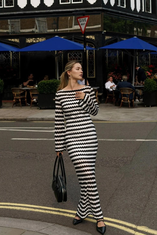 Maxikleid mit Farbblock-Streifen und langen Ärmeln